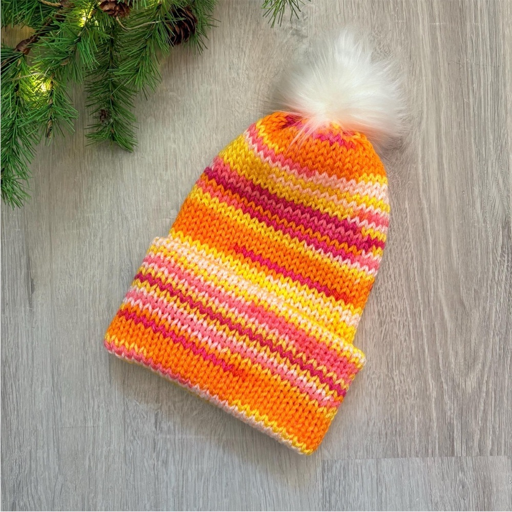 Handmade Knit Winter Beanie Hat Yellow/Orange/Pink